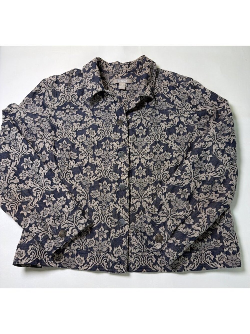 Chicos Size 3 Paisley Button-Up Jacket Navy/Tan Long Sleeve Textured
